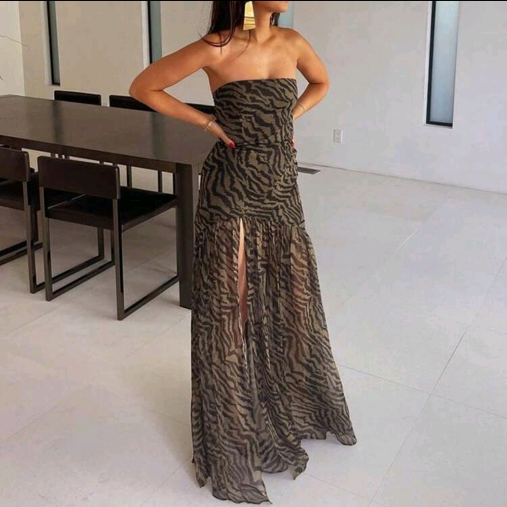 Women Tube Top Dress Slim Strapless Backless Mesh Patchwork Maxi Dress Leopard - Picture 9 of 10